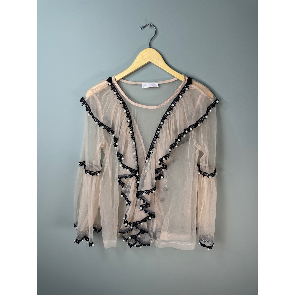 JJ's Fairyland Mesh Ruffle Top Women L Pink Pearl Lace Sheer Bell Sleeve